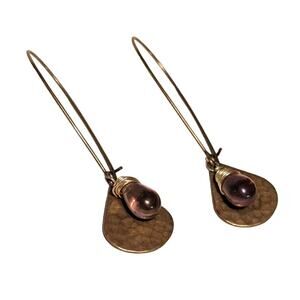 Copper Tone Dangle Earrings Purple Glass Bead Hammered Metal Charms